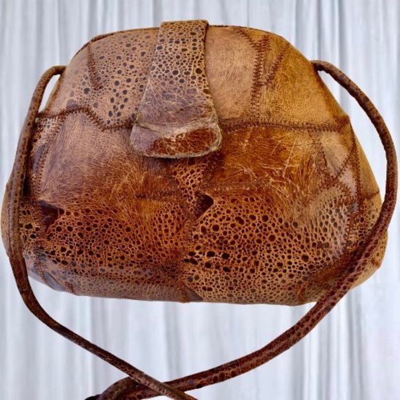 Vintage Handbag Hard Case Shell Brown Patchwork Leather Cross Body Purse flaws - Picture 2 of 13